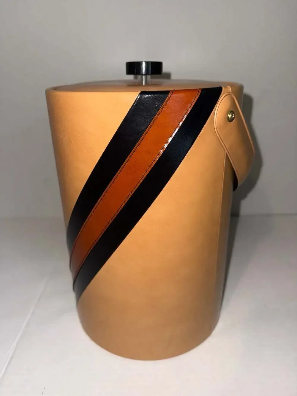 Vintage Georges Briard Mid-Century Modern‎ Tan Vinyl Striped Ice Bucket